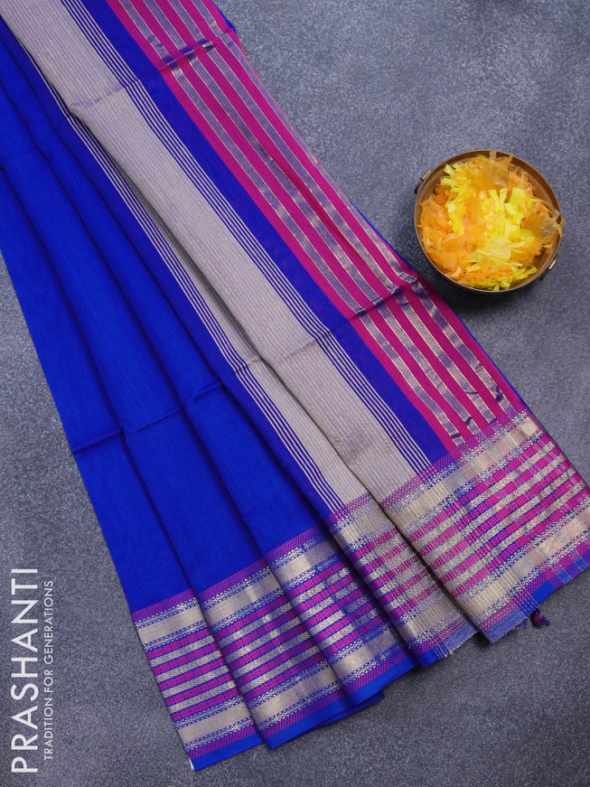 Maheshwari silk cotton saree cs blue and beige with plain body and thread & zari woven border