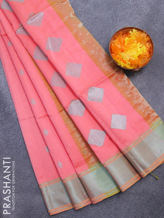 Maheshwari silk cotton saree peach pink and mustard yellow with zari woven buttas and zari woven border