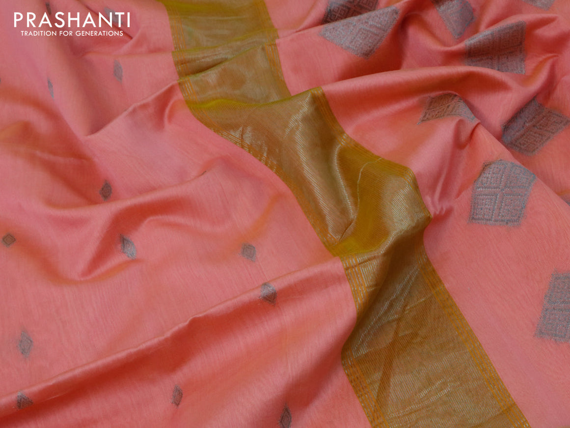Maheshwari silk cotton saree peach pink and mustard yellow with zari woven buttas and zari woven border