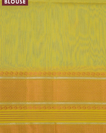 Maheshwari silk cotton saree pastel blue and lime yellow with thread & copper zari woven buttas and copper & silver zari woven border