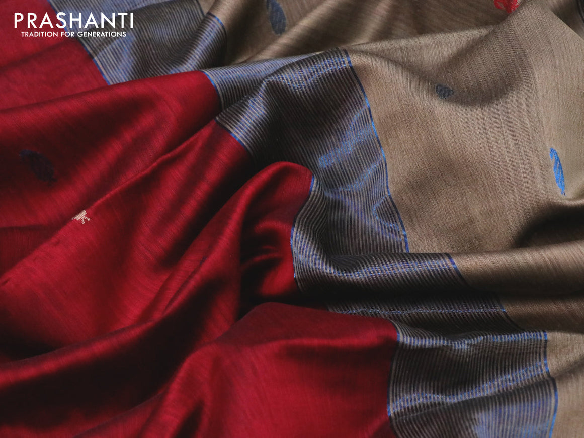 Maheshwari silk cotton saree maroon and chikku shade with thread & copper zari woven buttas and zari woven border