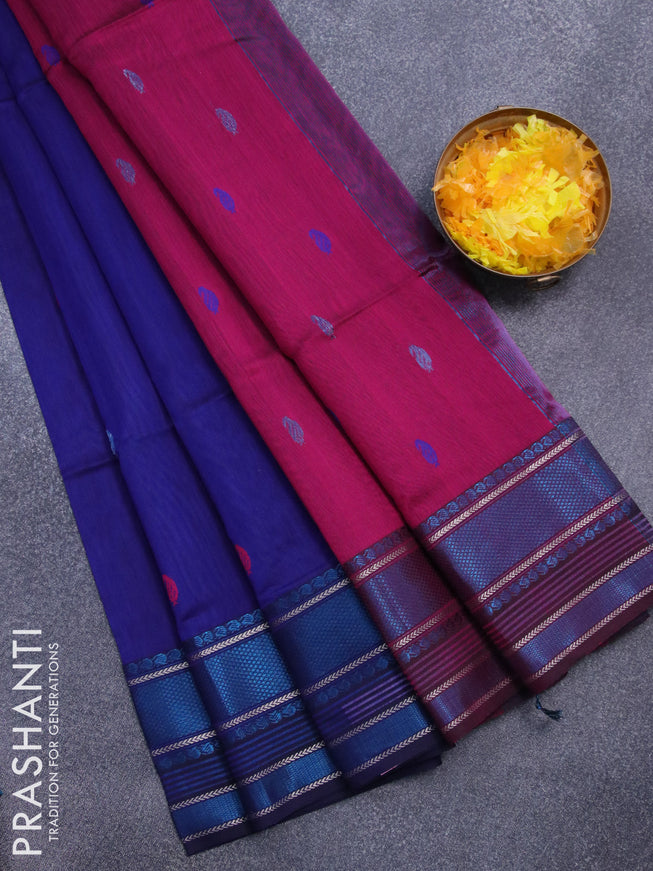 Maheshwari silk cotton saree blue and dark magenta pink with thread & copper zari woven buttas and zari woven border