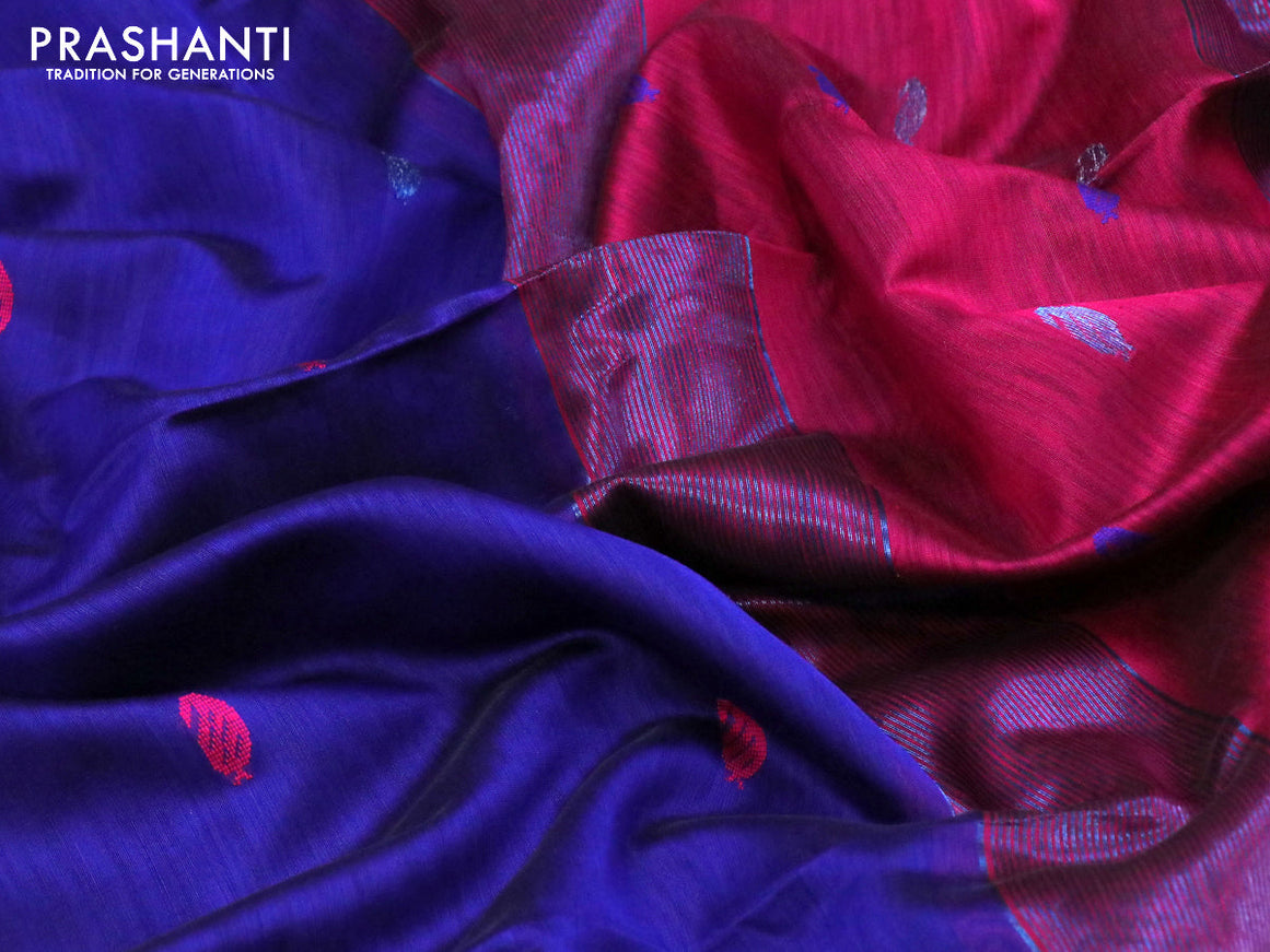 Maheshwari silk cotton saree blue and dark magenta pink with thread & copper zari woven buttas and zari woven border