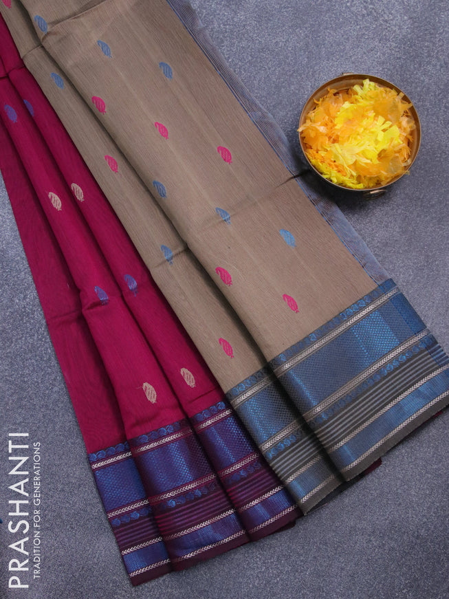 Maheshwari silk cotton saree dark magenta pink and chikku shade with thread & zari woven buttas and zari woven border