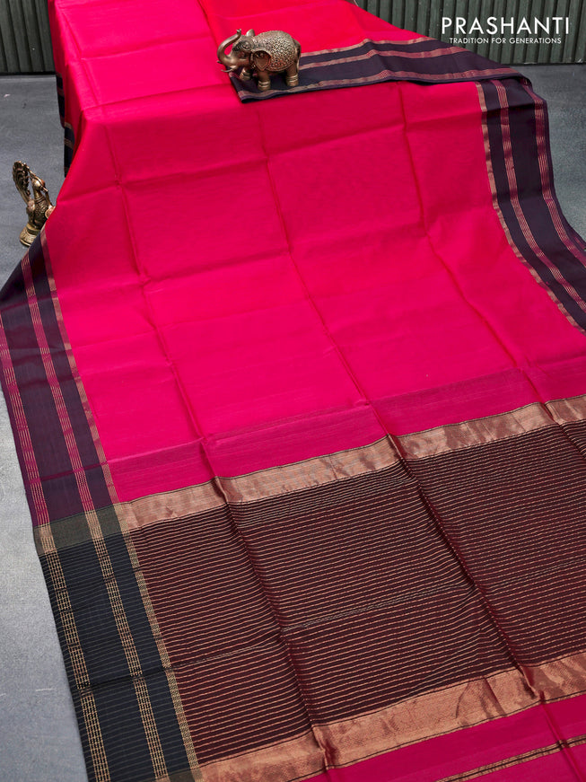 Maheshwari silk cotton saree magenta pink and coffee brown with allover thread stripes pattern and thread & zari woven border