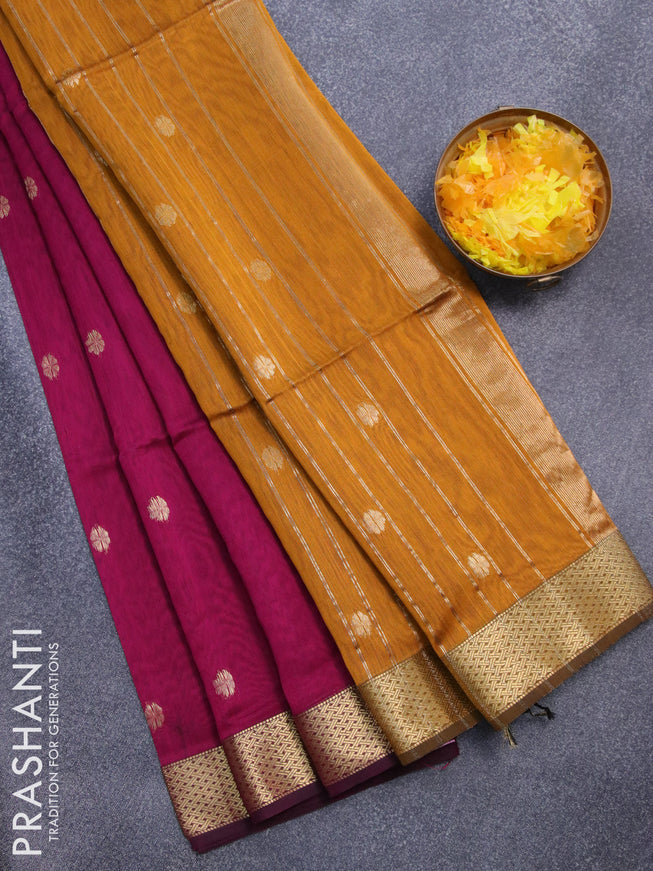 Maheshwari silk cotton saree dark magenta pink and mustard yellow with zari woven buttas and zari woven border