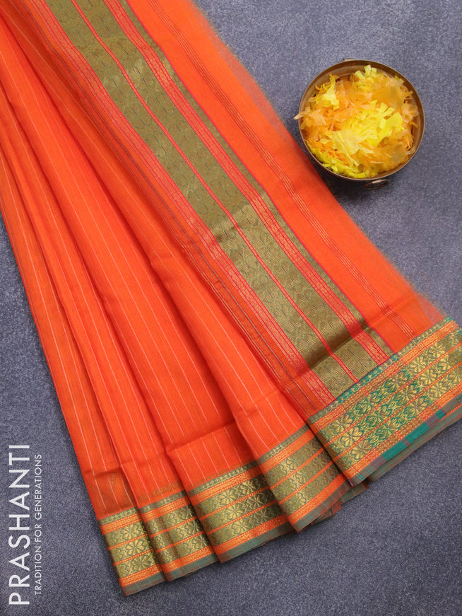 Maheshwari silk cotton saree sunset orange with plain body and zari woven border