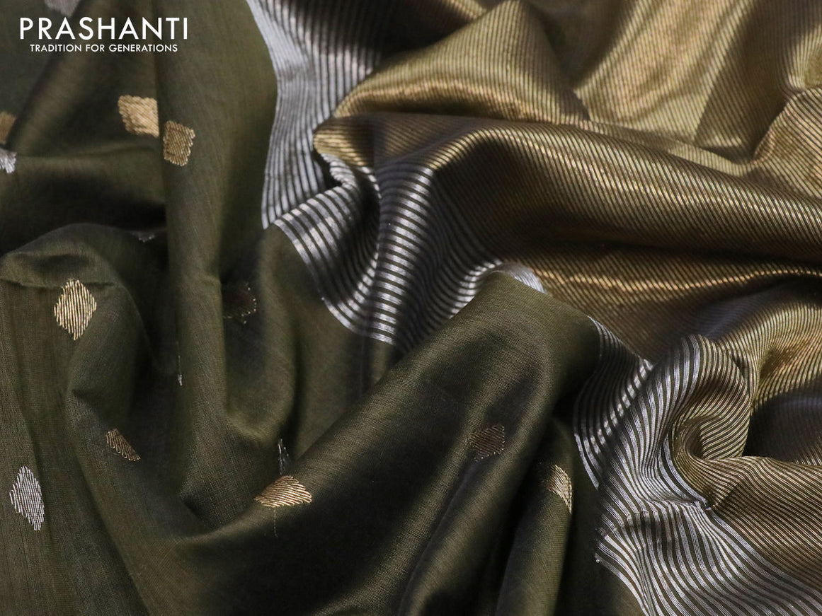 Maheshwari silk cotton saree dark mehandi green with silver & gold zari woven buttas and silver & gold zari woven border