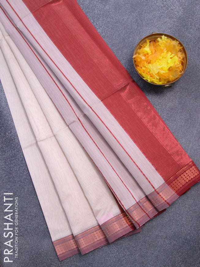 Maheshwari silk cotton saree off white and brown with plain body and copper zari woven border
