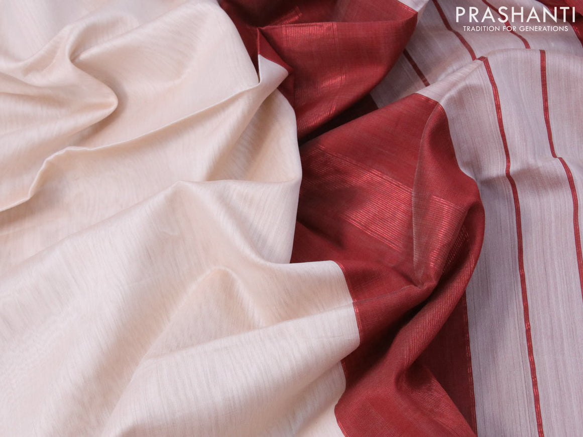 Maheshwari silk cotton saree off white and brown with plain body and copper zari woven border