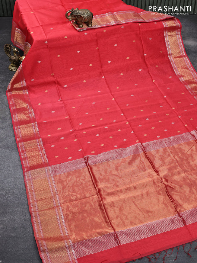 Maheshwari silk cotton saree red with silver & gold zari woven buttas and silver & gold zari woven border