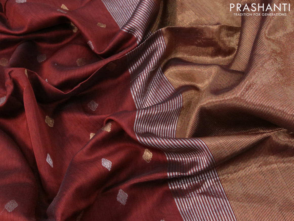 Maheshwari silk cotton saree brown with silver & gold zari woven buttas and silver & gold zari woven border
