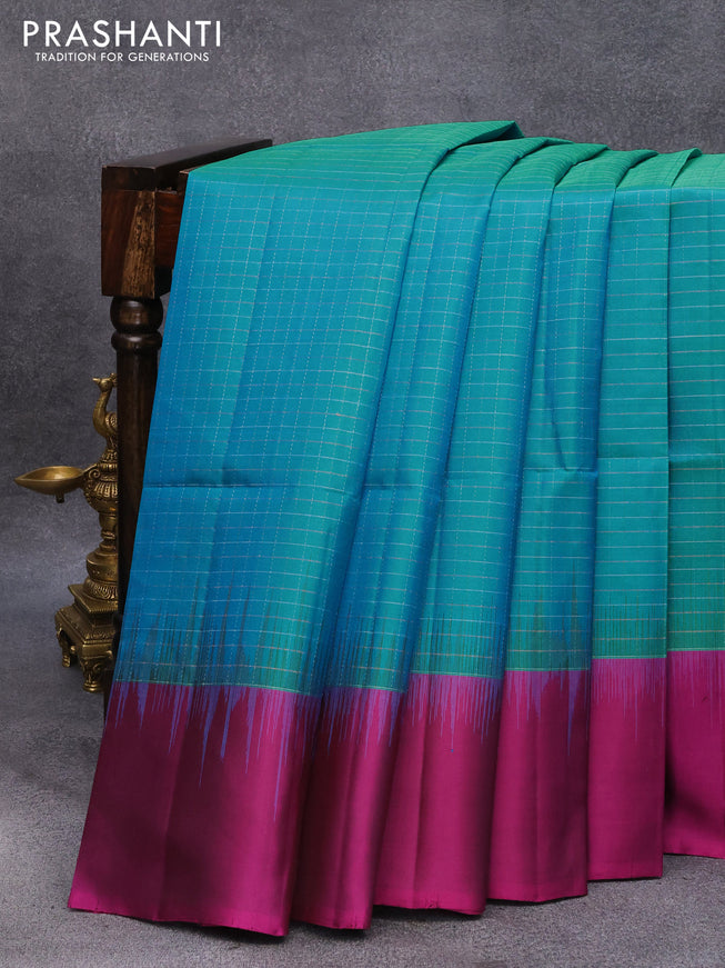 Pure soft silk saree dual shade of bluish green and megenta pink with allover silver & copper zari checked pattern and simple border