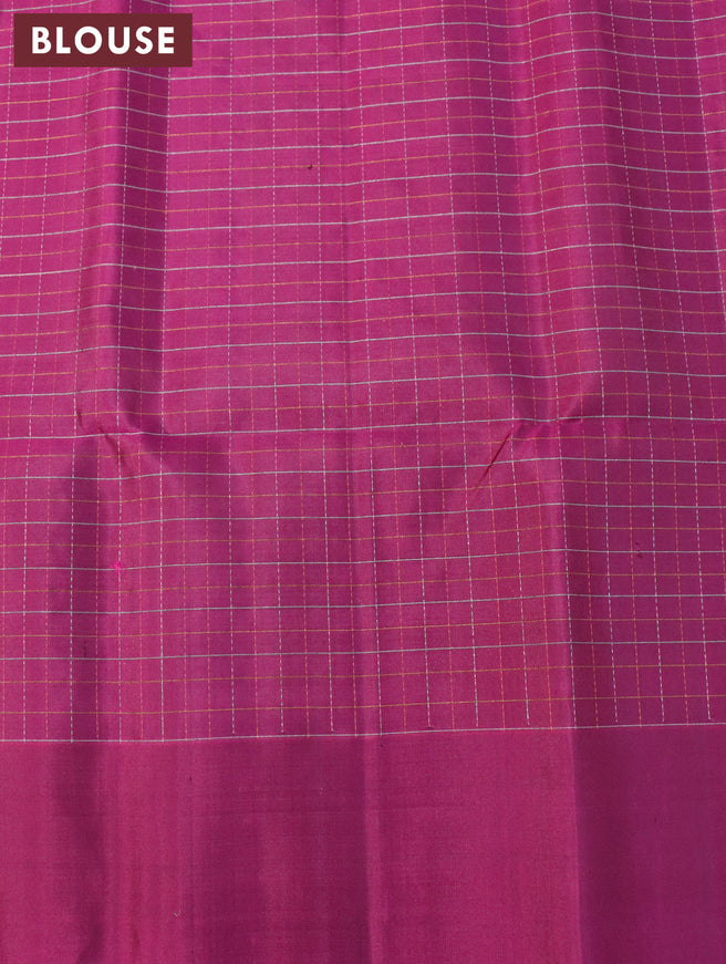 Pure soft silk saree lime green and purple with allover silver & copper zari checked pattern and simple border