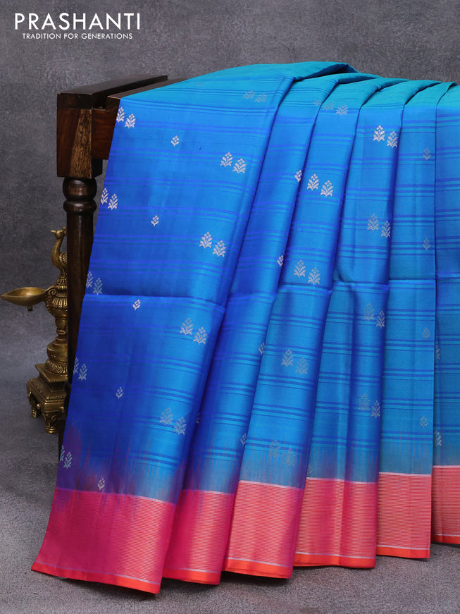 Pure soft silk saree dual shade of blue and dual shade of pinkish orange with allover stripes & silver zari buttas and zari woven border