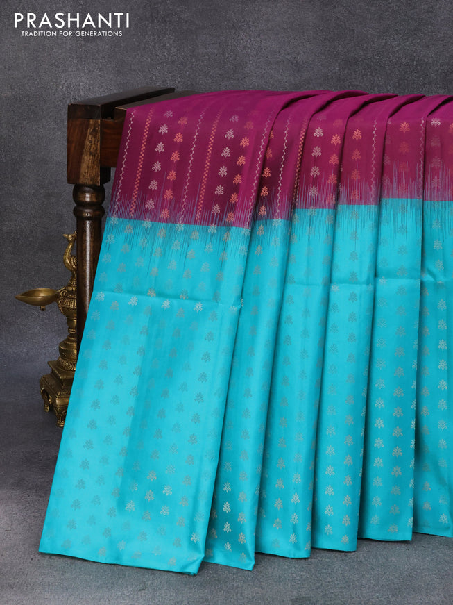 Pure soft silk saree purple and teal blue with allover silver & copper zari weaves and silver & copper zari woven butta border
