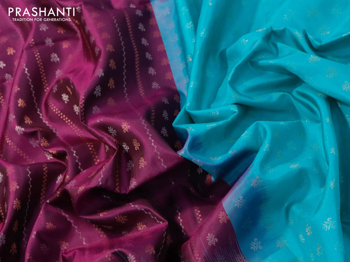 Pure soft silk saree purple and teal blue with allover silver & copper zari weaves and silver & copper zari woven butta border