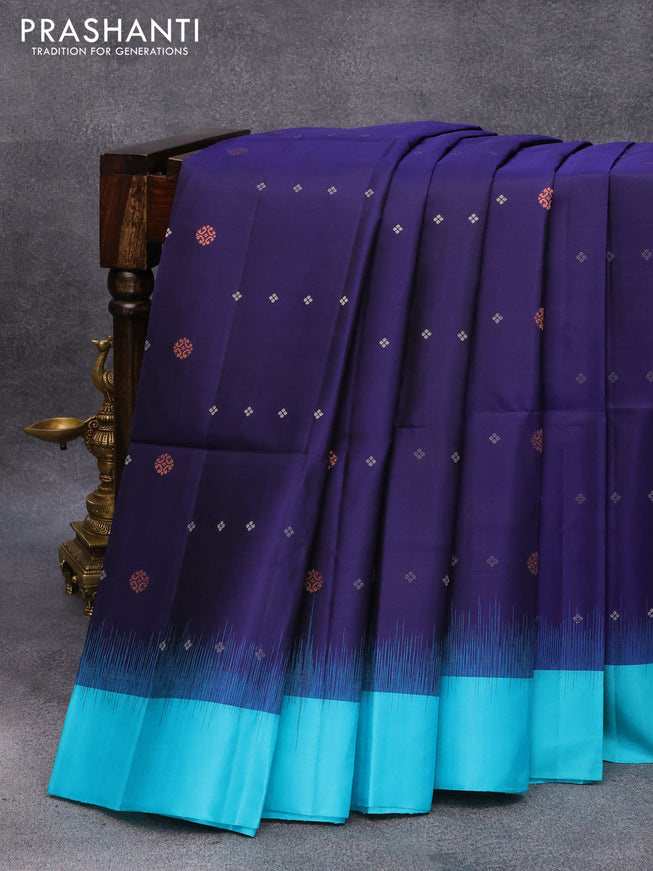 Pure soft silk saree navy blue and teal blue with allover silver & copper zari buttas and simple border