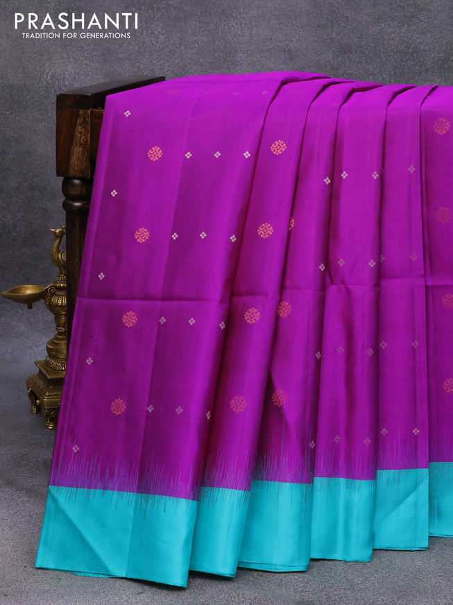Pure soft silk saree magenta pink and teal blue with allover silver & copper zari buttas and simple border