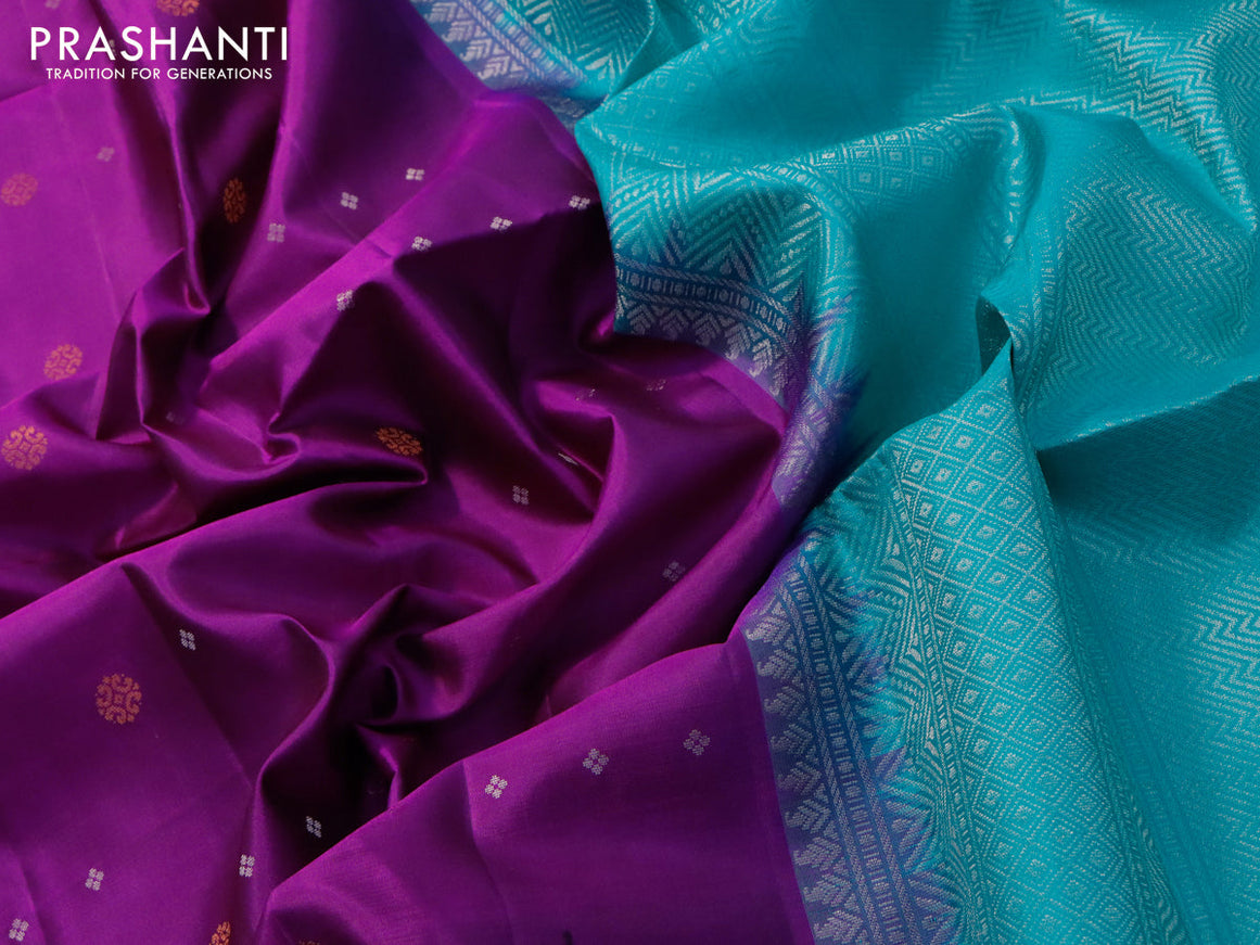 Pure soft silk saree magenta pink and teal blue with allover silver & copper zari buttas and simple border