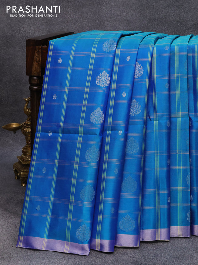 Pure soft silk saree dual shade of blue and elaichi green with allover checks & silver zari buttas and zari woven border