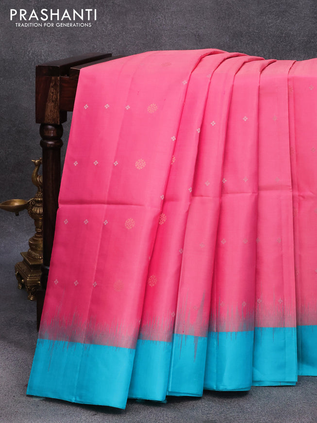Pure soft silk saree peach pink and teal blue with allover silver & copper zari buttas and simple border