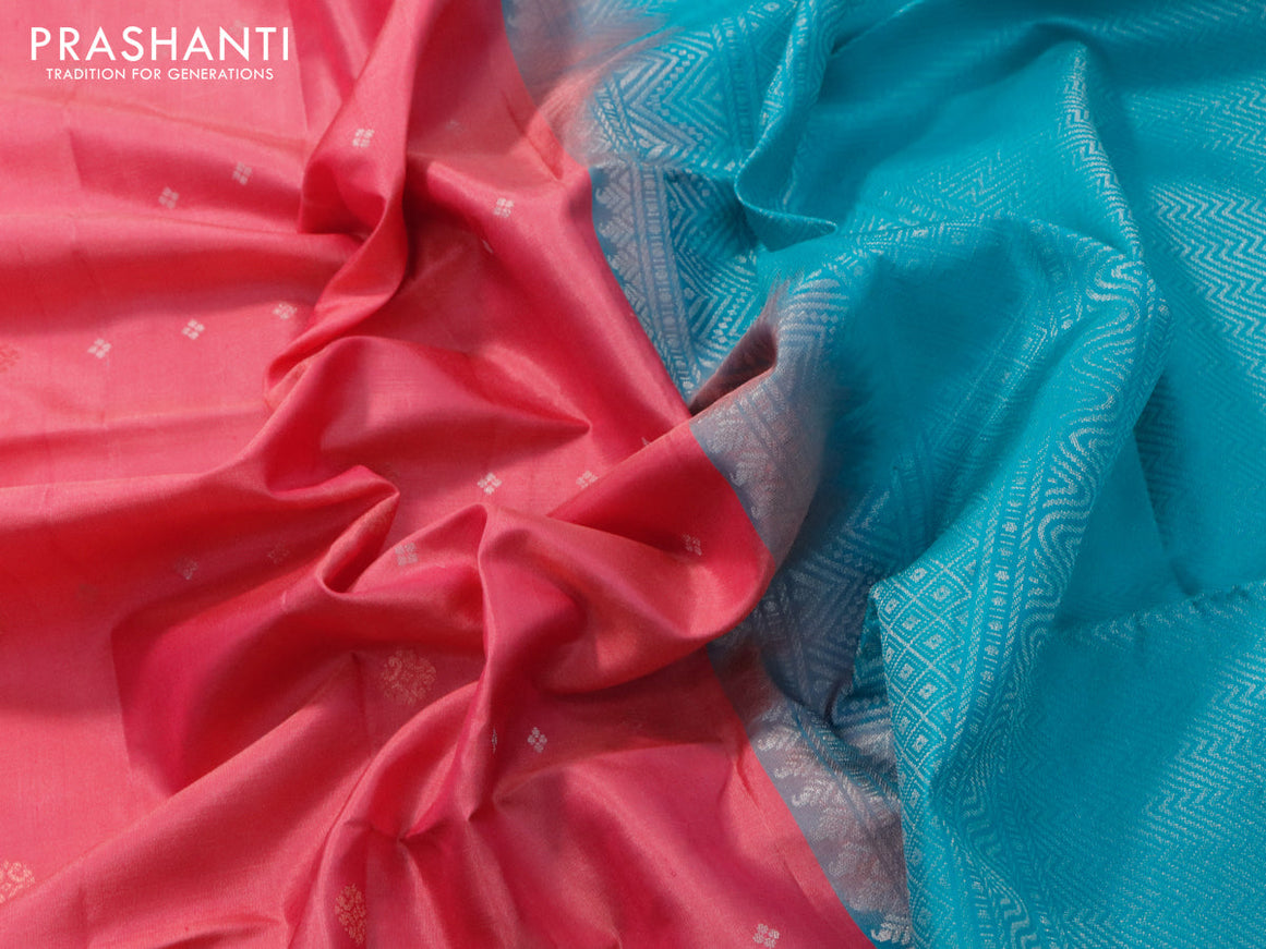Pure soft silk saree peach pink and teal blue with allover silver & copper zari buttas and simple border