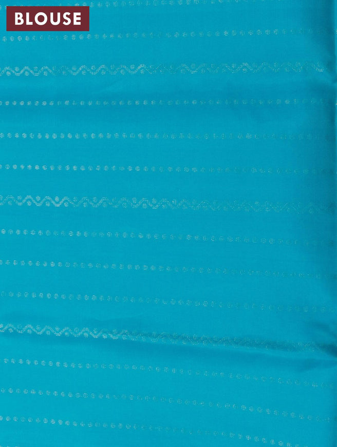 Pure soft silk saree peach pink and teal blue with allover silver & copper zari buttas and simple border