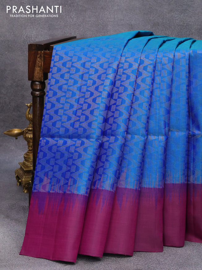 Pure soft silk saree dual shade of blue and magenta pink with allover silver zari weaves and simple border