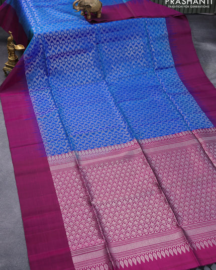 Pure soft silk saree dual shade of blue and magenta pink with allover silver zari weaves and simple border