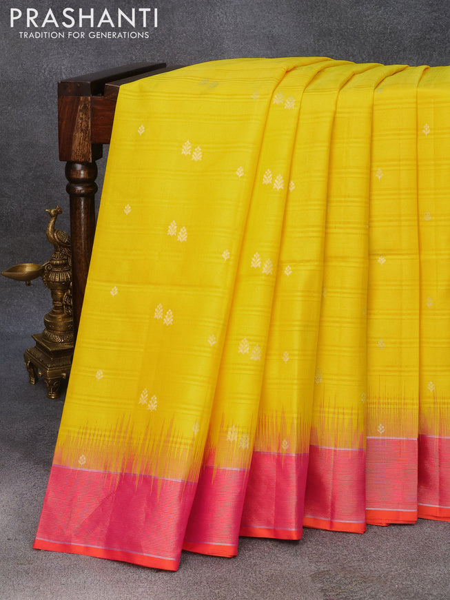 Pure soft silk saree yellow and dual shade of pink with silver zari woven buttas and silver zari woven border