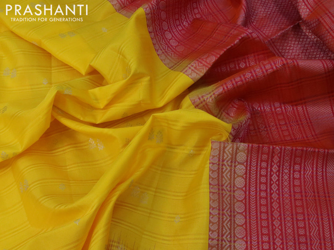 Pure soft silk saree yellow and dual shade of pink with silver zari woven buttas and silver zari woven border