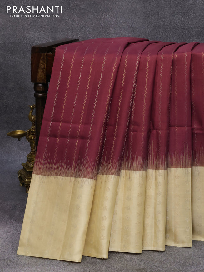 Pure soft silk saree maroon shade and sandal with allover silver & copper zari weaves and zari woven simple border
