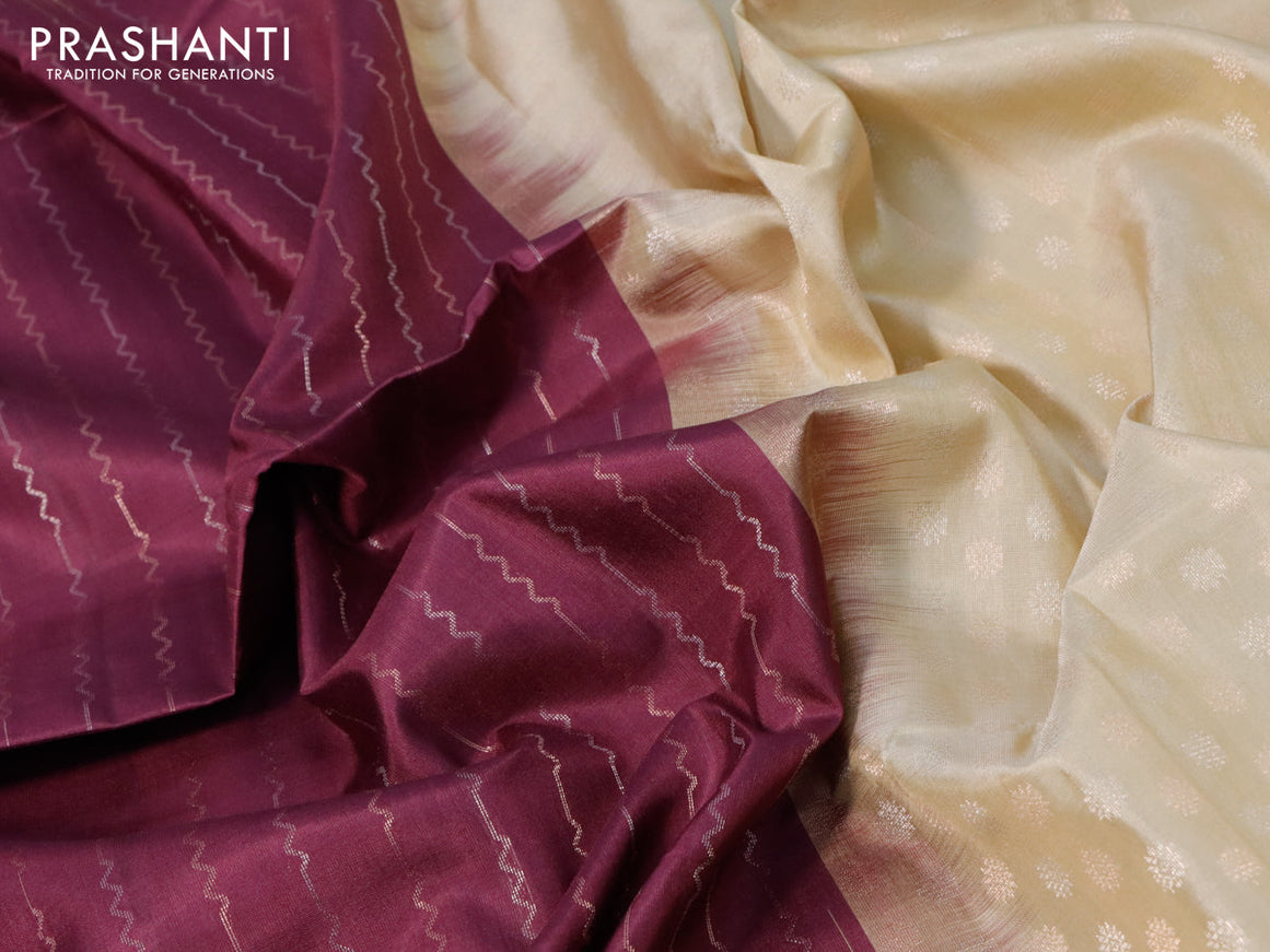 Pure soft silk saree maroon shade and sandal with allover silver & copper zari weaves and zari woven simple border