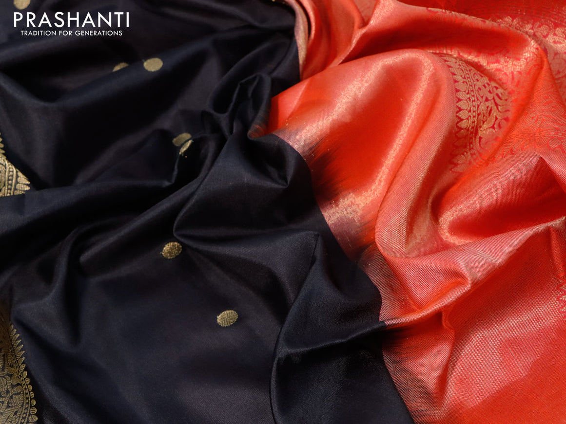 Pure soft silk saree black and orange with zari woven buttas and zari woven border