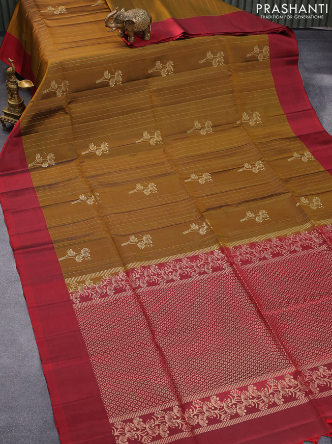 Pure soft silk saree mustard shade and maroon with allover zari weaves and simple border