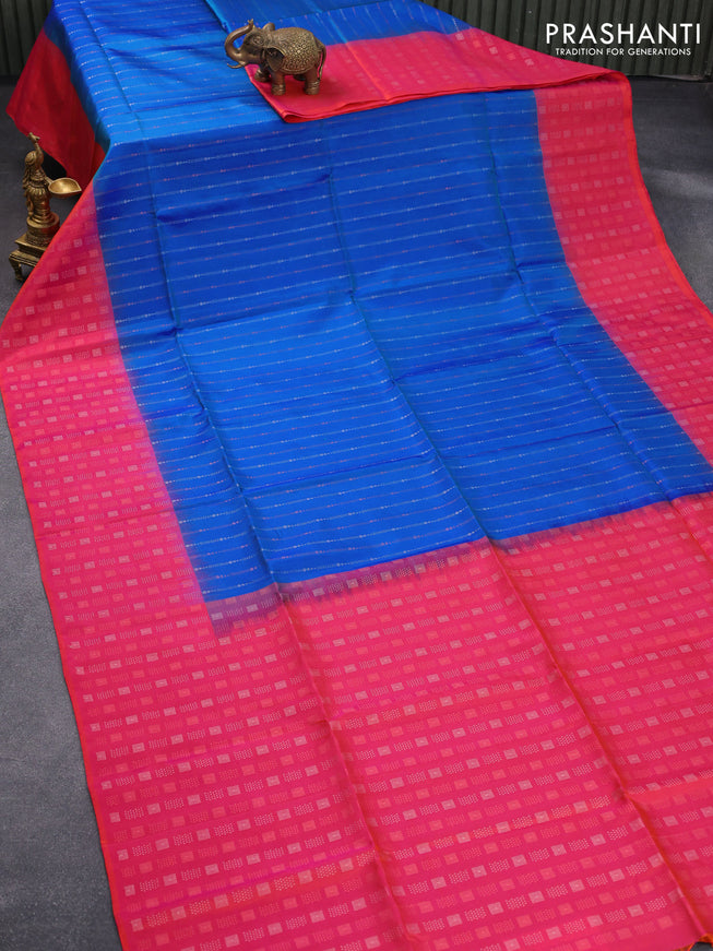 Pure soft silk saree dual shade of cs blue and dual shade of pink with allover silver & copper zari weaves and zari woven border
