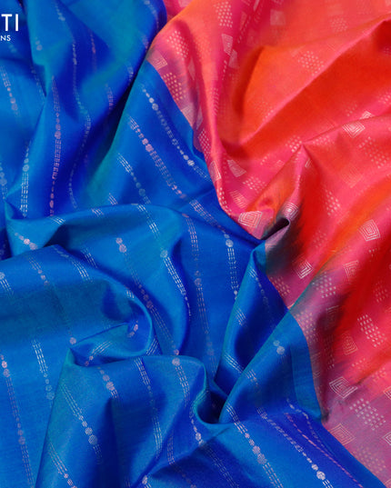 Pure soft silk saree dual shade of cs blue and dual shade of pink with allover silver & copper zari weaves and zari woven border