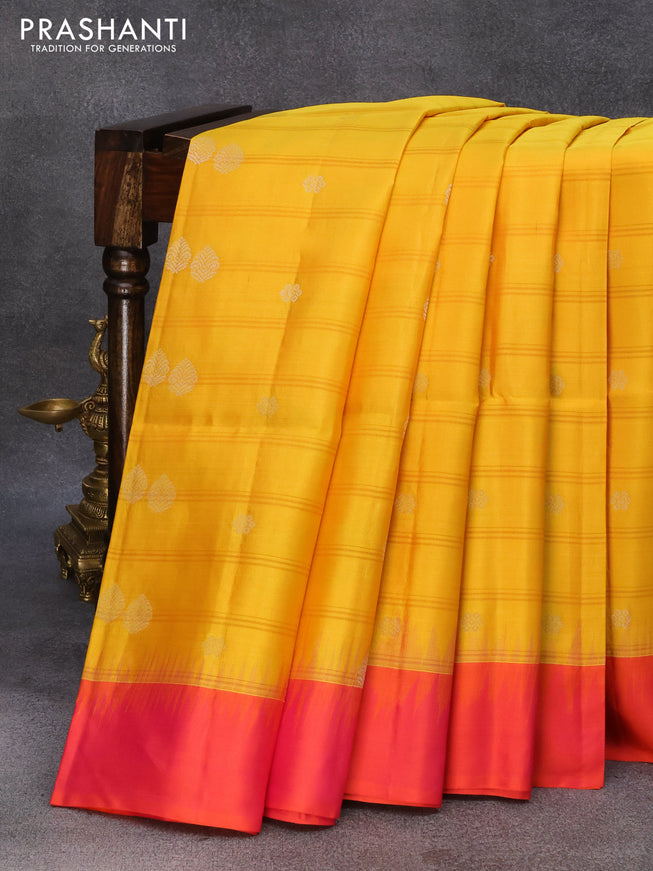 Pure soft silk saree yellow and dual shade of pinkish orange with silver zari woven butta weaves and simple border