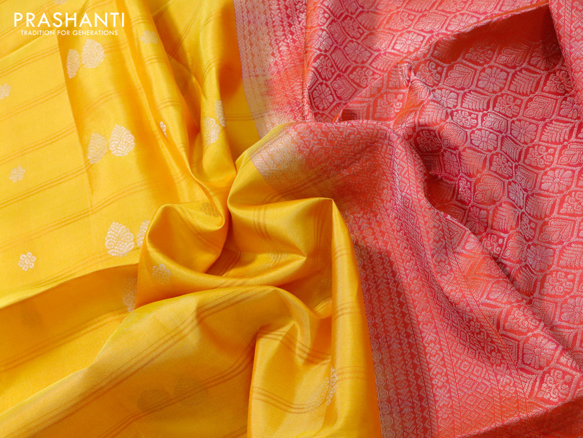 Pure soft silk saree yellow and dual shade of pinkish orange with silver zari woven butta weaves and simple border
