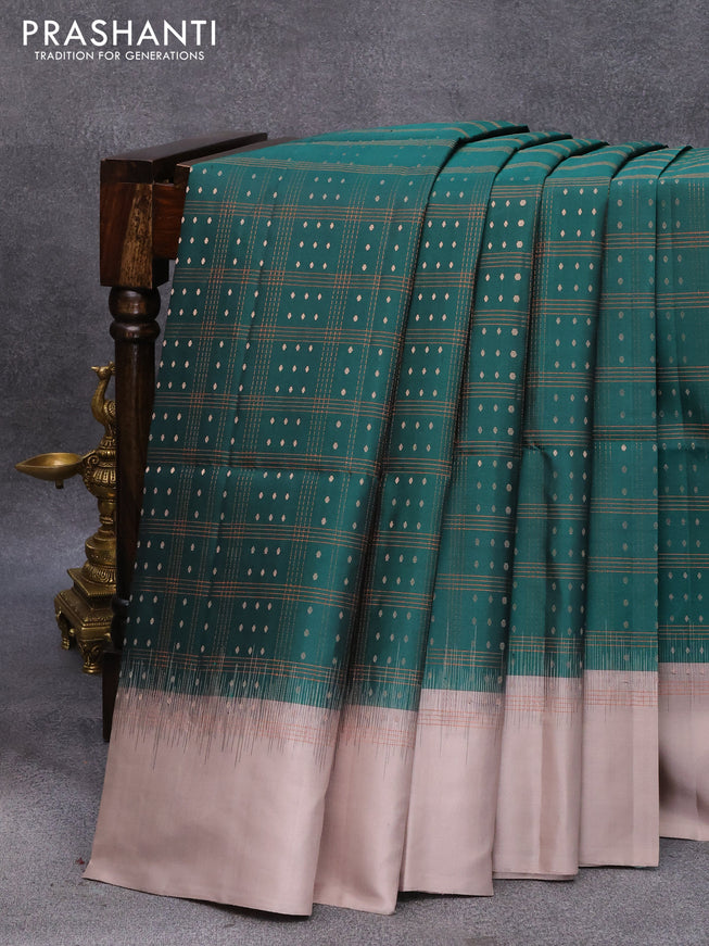 Pure soft silk saree bottle green and grey shade with allover zari checks & buttas and simple border