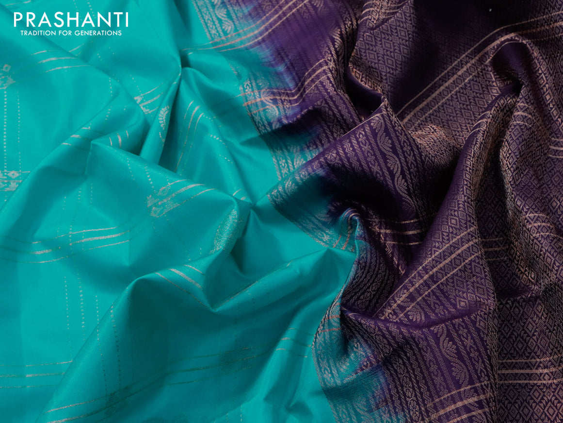 Pure soft silk saree teal blue and deep violet with allover checks & buttas and zari woven simple border