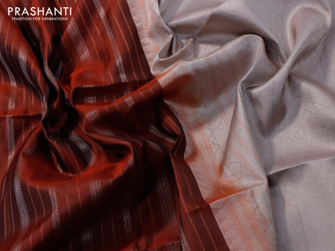 Pure soft silk saree brown and grey shade with allover silver & copper zari weaves and silver & copper zari woven butta border