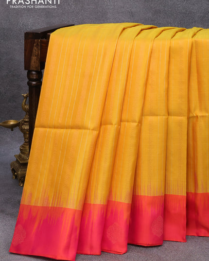 Pure soft silk saree mango yellow and dual shade od pinkish orange with allover silver & copper zari weaves and silver & copper zari woven butta border