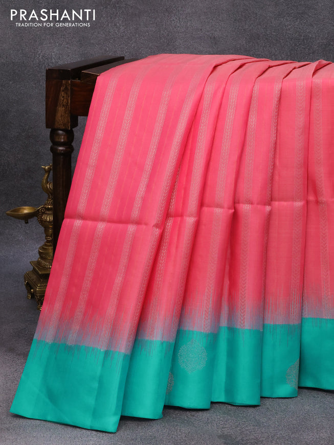 Pure soft silk saree pink and teal blue with allover silver & copper zari weaves and silver & copper zari woven butta border