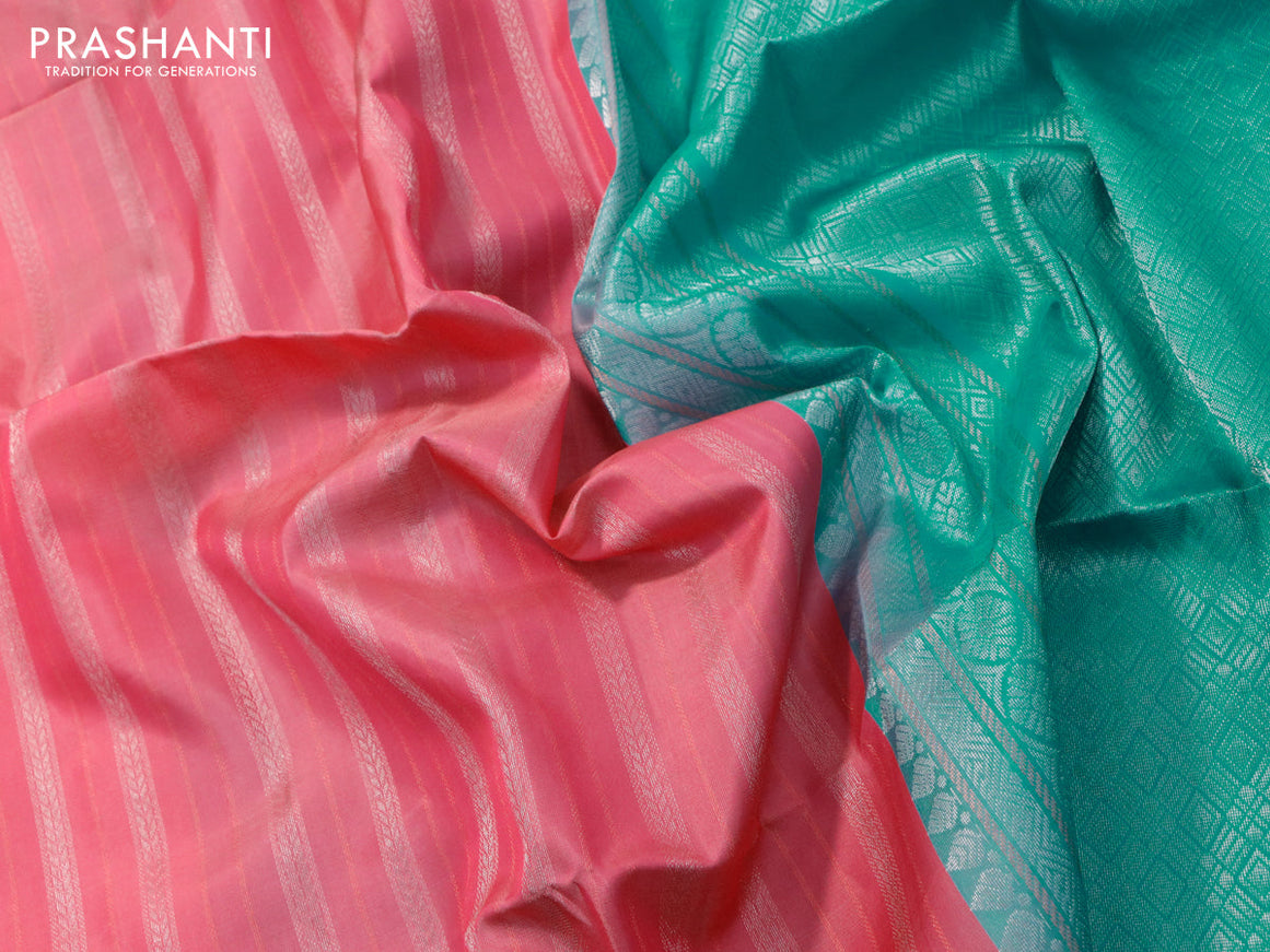 Pure soft silk saree pink and teal blue with allover silver & copper zari weaves and silver & copper zari woven butta border