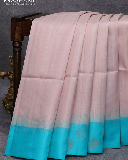 Pure soft silk saree pastel grey and teal blue with allover silver & copper zari weaves and silver & copper zari woven butta border