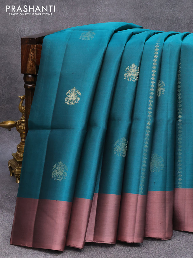 Pure soft silk saree peacock green and rosy brown with allover zari weaves & buttas and simple border