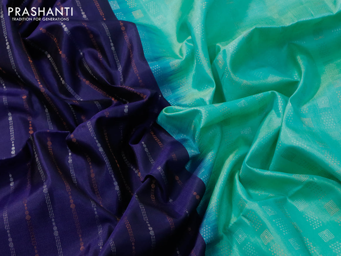 Pure soft silk saree navy blue and teal green with allover silver & copper zari weaves and long silver & copper zari woven buttas border