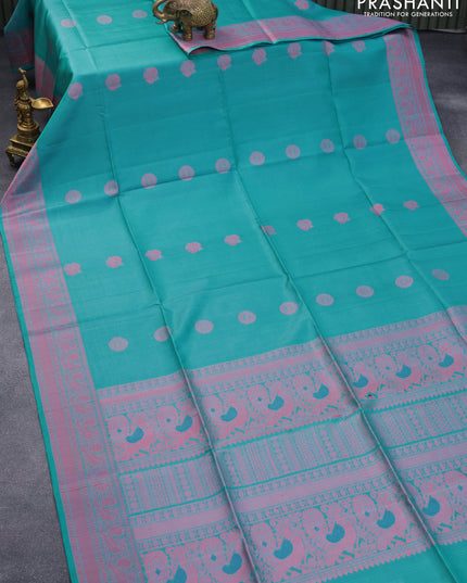 Pure soft silk saree teal blue with thread woven annam & rudhraksha buttas with thread woven border
